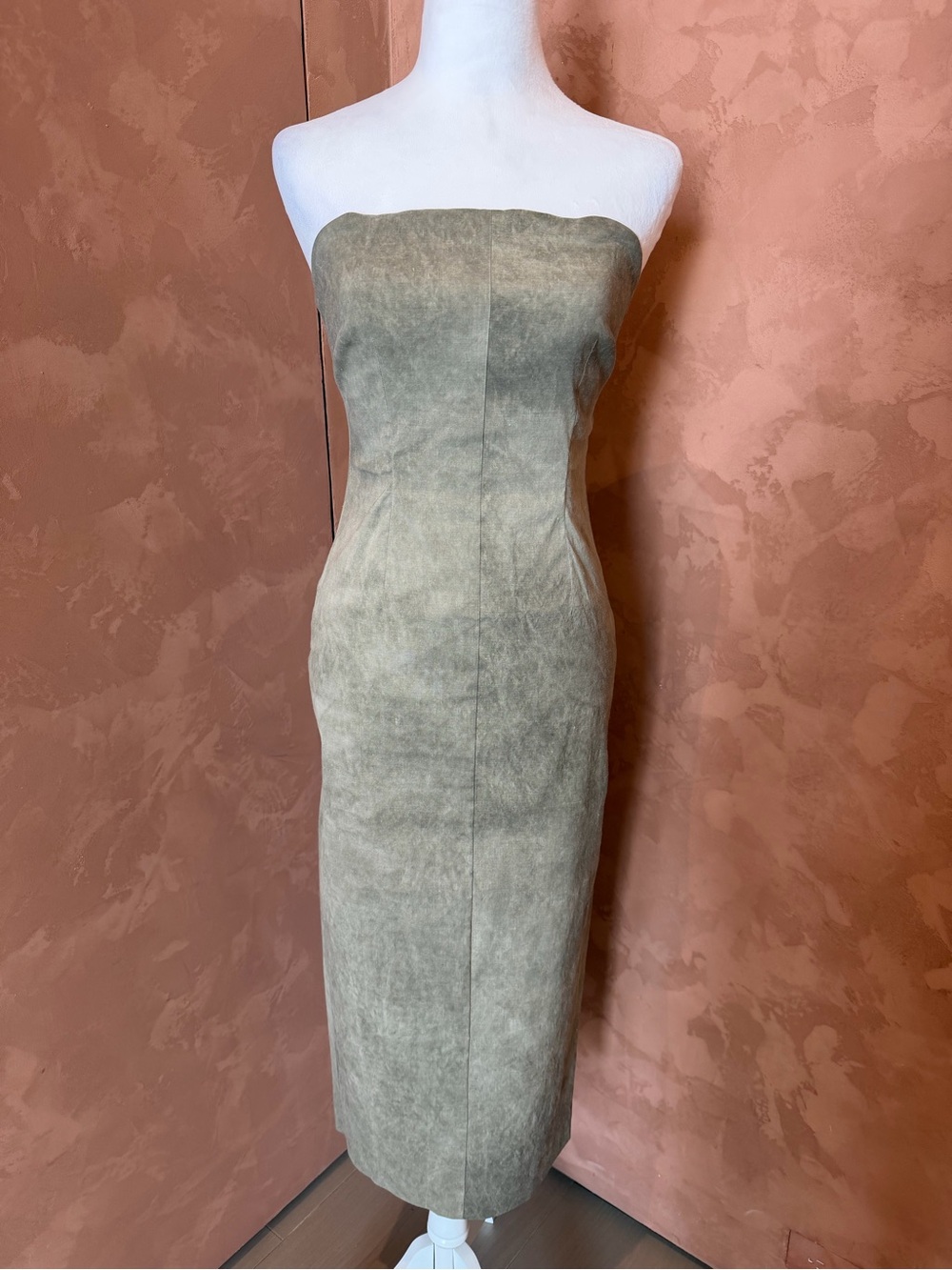 Cortana Strapless Olive-Tan Sheath Dress.